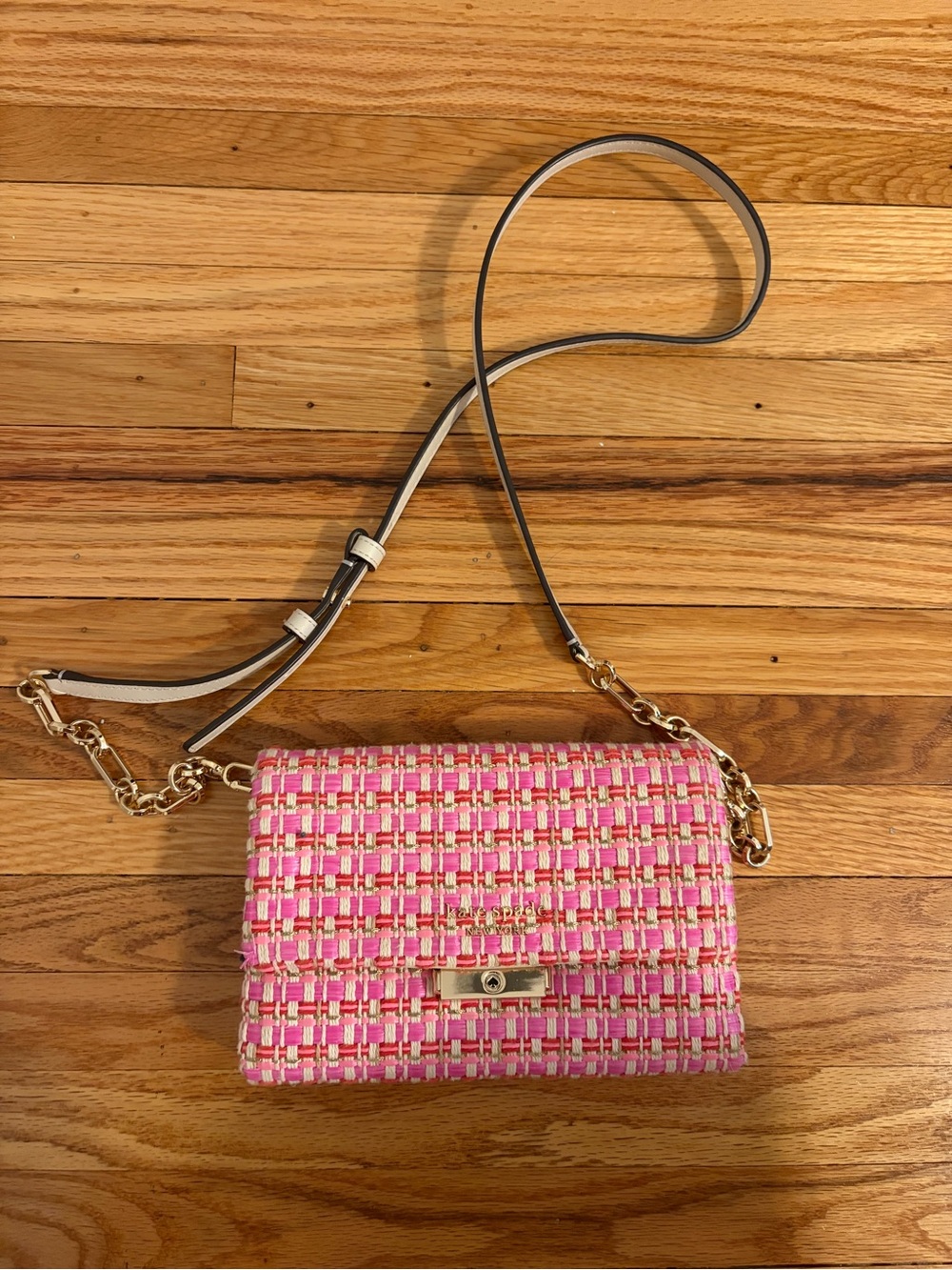 kate spade Pink and White Woven Crossbody with Gold Hardware